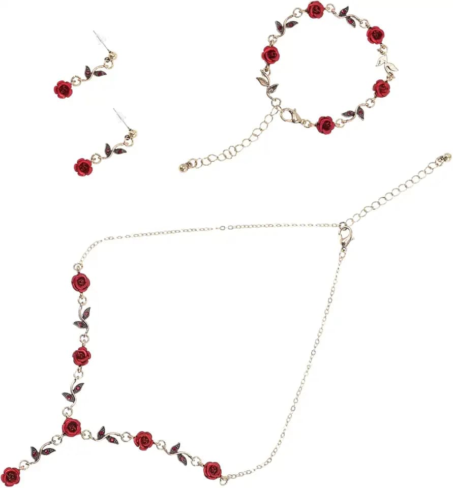 COLLBATH Adjustable Red Rose Jewelry Set for Women Lightweight Alloy Necklace Bracelet Earrings Vintage Costume Accessories for Parties Carnivals Fancy Dress Events