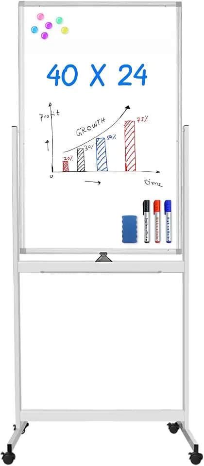 Maxtek Magnetic White Board on Wheels 40x24 Black Mobile Double-Sided Board
