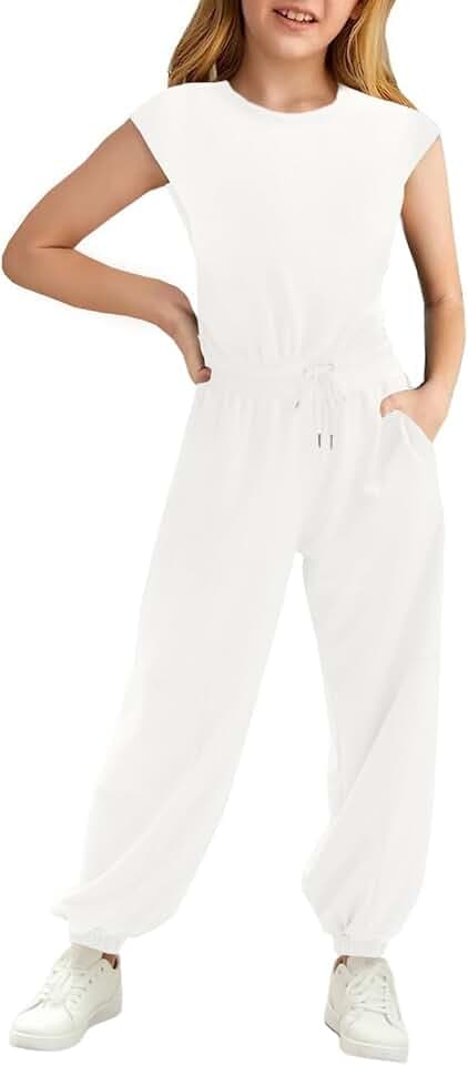 Haloumoning Mädchen Jumpsuits Kinder Mode Lange Hosen Mädchen Sommer Kurzarm Overall Casual Sport Jumpsuit