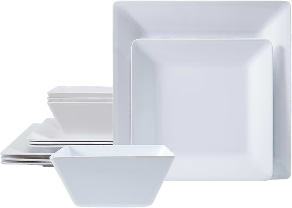 TP 12-Piece Melamine Dinnerware Sets, Square, Service for 4, White