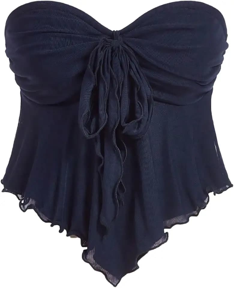 SHENHE Women's Strapless Tie Front Babydoll Top Flare Tube Going Out Top