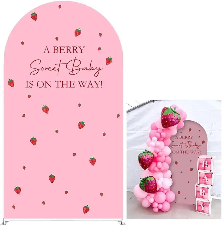 A Berry Sweet Baby is ON THE Way! Pink Arched Backdrop Cover Strawberry Theme Stretchy Arched Stand Covers for Girls Birthday Baby Shower Decorations Display Props(Only Cover)