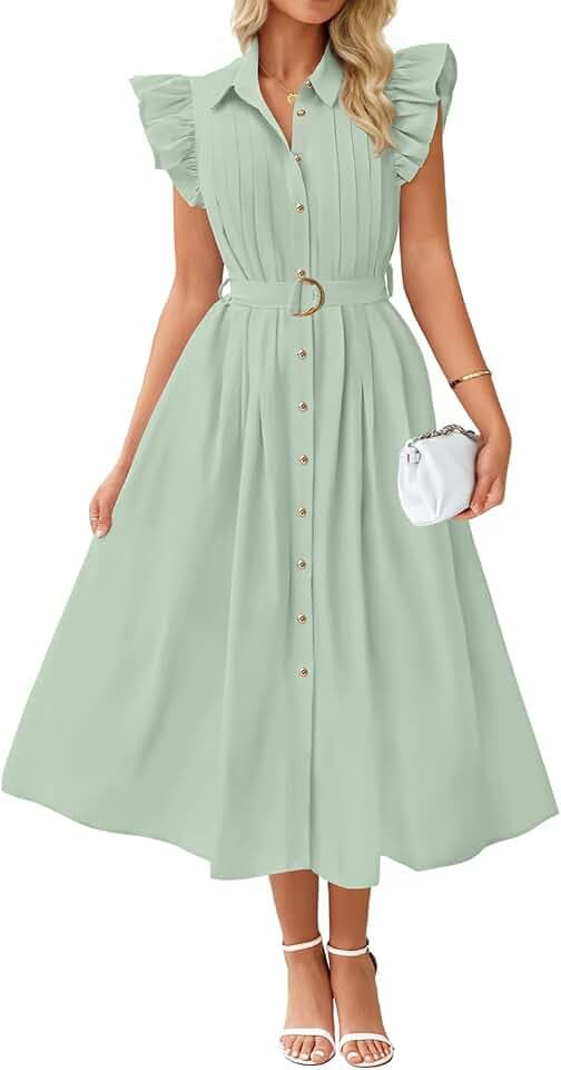ZESICA Womens Summer Button Midi Dress Casual Work Dresses