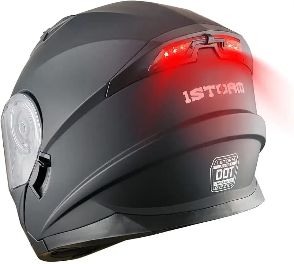 1Storm New Motorcycle Bike Modular Full Face Helmet Dual Visor Sun Shield with Rechargeable LED Tail Light: Matt Black