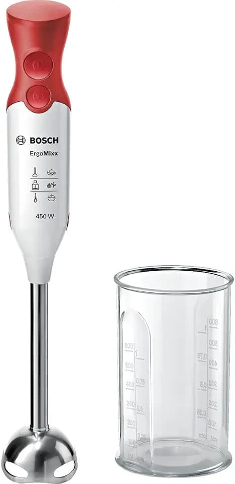 Bosch Hausgeräte MSM64110 ergonomischer Stabmixer mit Edelstahl-Mixfuß QuattroBlade (450 W) Rot, Weiß
