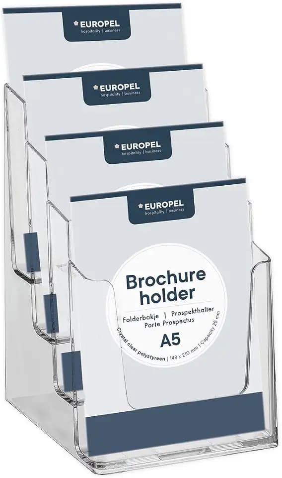 EUROPEL Etagen Prospekthalter Aufsteller - Injektion Mehrfach-Prospektständer - 4x DIN A5 - Transparent - Broschürenständer für Büros - Broschürenhalter Hochformat für Menü, Faltblatt, Flyer