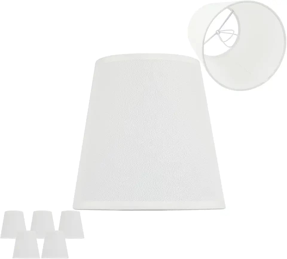 5 Pack White Chandelier Shades, 4" Top x 6" Bottom x 6" High Barrel Lamp Shade, 4.0x6.0x6.0 Inch Linen Fabric, Perfect Fit for 5-Light Pendant Light Wall Sconce, Clip On Bulb E12 Socket(Large Size)