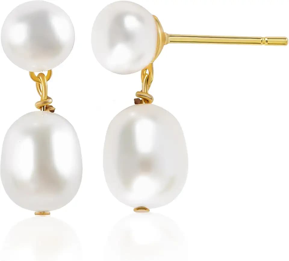 Petite Pearl Drop Earrings for Women - Real Freshwater Cultured Pearls Collection, S925 Sterling Silver Hypoallergenic Posts, 18K Gold Plated Dainty Jewelry