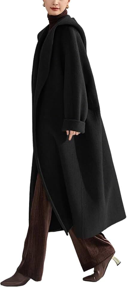 utcoco Women's Winter Belted Wool Coats Open Front Trench Coat with Hood