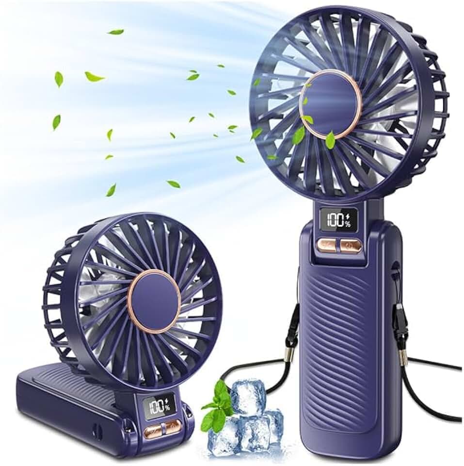 Handventilator, Tragbarer Mini-Ventilator mit 4500mAh Akku Aufladbar, 5 Stufen und Lange 20Std, LED-Anzeige, Leise und Leistungsstark, 3-in-1 Hand/Schreibtisch/Halsventilator
