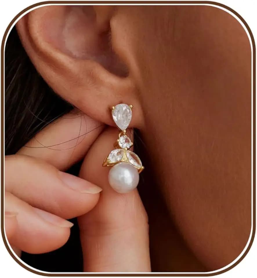 Pearl Earrings for Women, Dainty Wedding Bridal Earrings 14k Gold Plated CZ Pearl Drop Earrings for Women Trendy Hypoallergenic Unique Gold Drop Earrings Fashion Prom Jewelry
