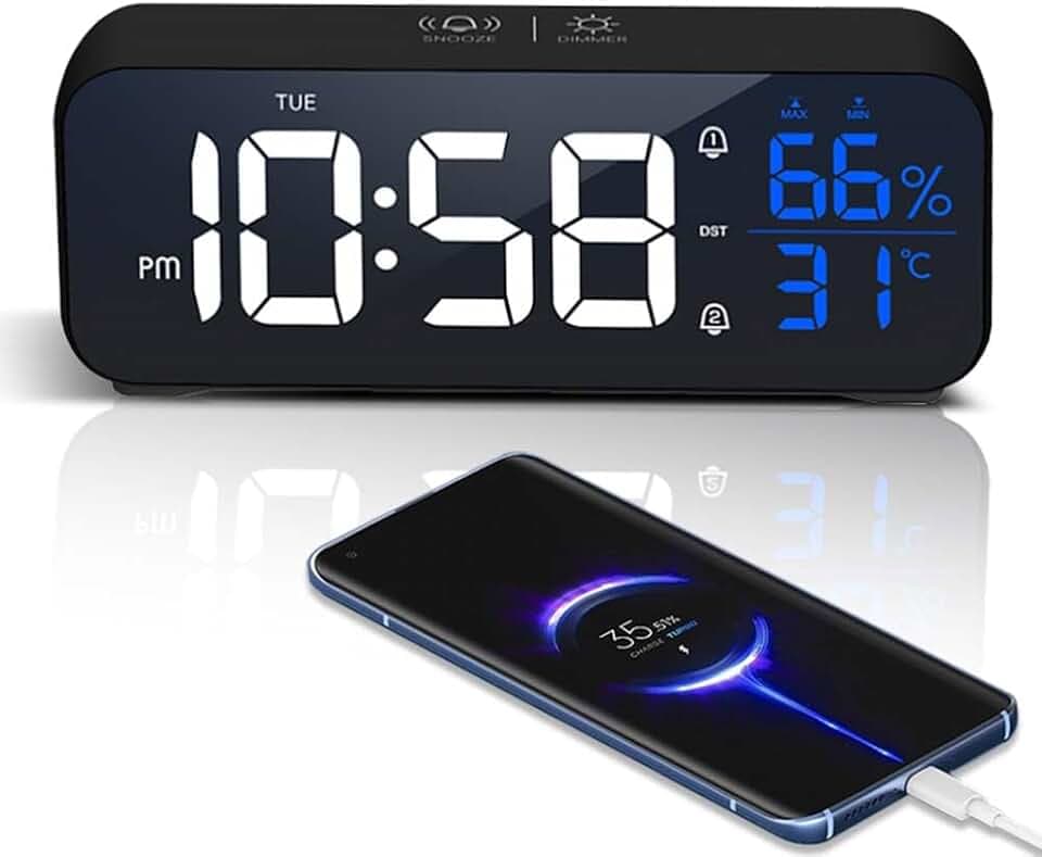 Wecker Digital, Wecker mit Licht(5 Helligkeitsstufen) und LED-Spiegel, Schlummermodus, Digital Wecker mit Speicherfunktion und 5 Weckermodi Sind Einstellbar, 12/24, USB-Kable