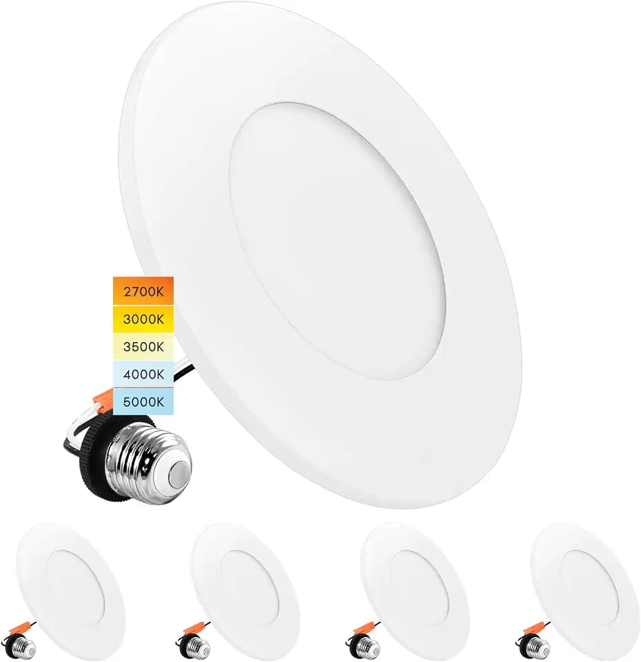 LUXRITE 3-4 Inch LED Flush Mount & Recessed Light, 7.5W, 5CCT 2700K-5000K, 650LM, Magnetic Trim, Dimmable Ceiling Can Light, Install to J-Box or 4 Inch Housing, Wet Rated, UL Listed (4 Pack)
