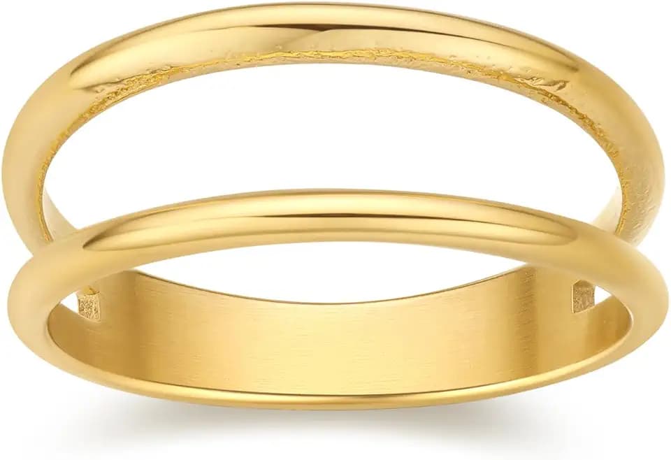 FRUMOS Gold Rings for Women,14K Gold Stacking Rings,Dainty Chunky Bamboo Heart Hammered Two Row Rings for Women Size 6/7/8/9