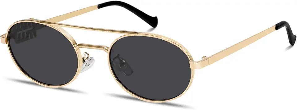 Rmerom Retro Gold Metal Oval 90s Sunglasses for Women Small Chic Sunnies