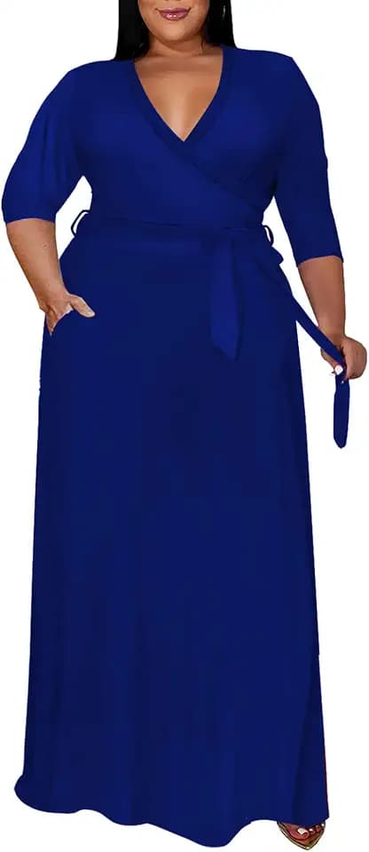 Runwind Plus Size Maxi Dress for Women 3/4 Sleeve Wrap Desses with Belt