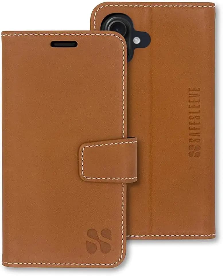 SafeSleeve EMF Blocker Leather Wallet Case for iPhone 16, Leather