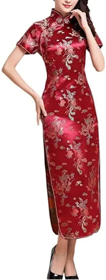 Black Sugar Qipao Kurzes und langes Kleid mit kleinen Ärmeln und Drachenmotiv, Brokat, Cheongsam, Tunika