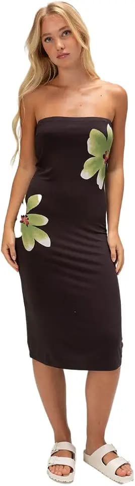 Volcom Women's Startstone Strapless Bodycon Midi Dress – Floral Print Bandeau Style with Removable Straps