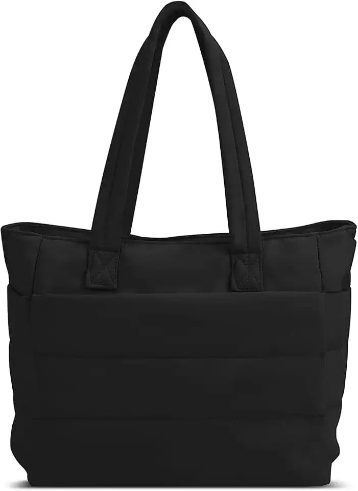 Puffy Tote Bag for Women, Lightweight Laptop Tote Bag, Puffy Handbag with Compartments, Quilted Shoulder Bag with Zipper for Work, Travel, Shopping, Gym (Black)