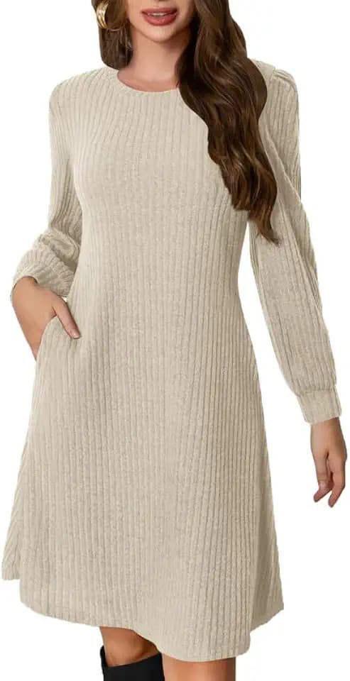 Ritiriko Damen Strickkleid Puff Langarm Pullover Kleid Für Herbst Winter Runden Hals Casual Kleid