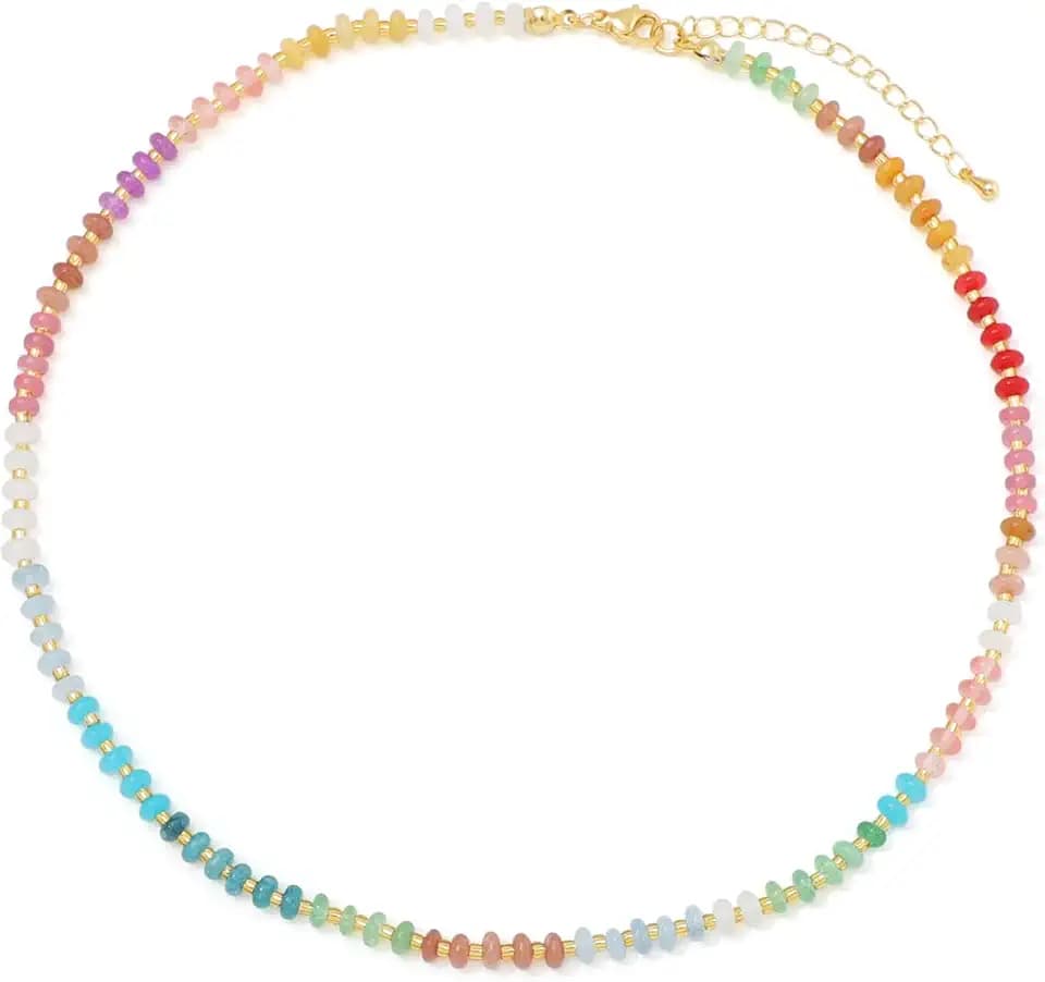 Colorful Gemstone Necklace with Crystal and Natural Stone Beads - Bohemian Y2k Surfer Beach Necklace for Women and Men