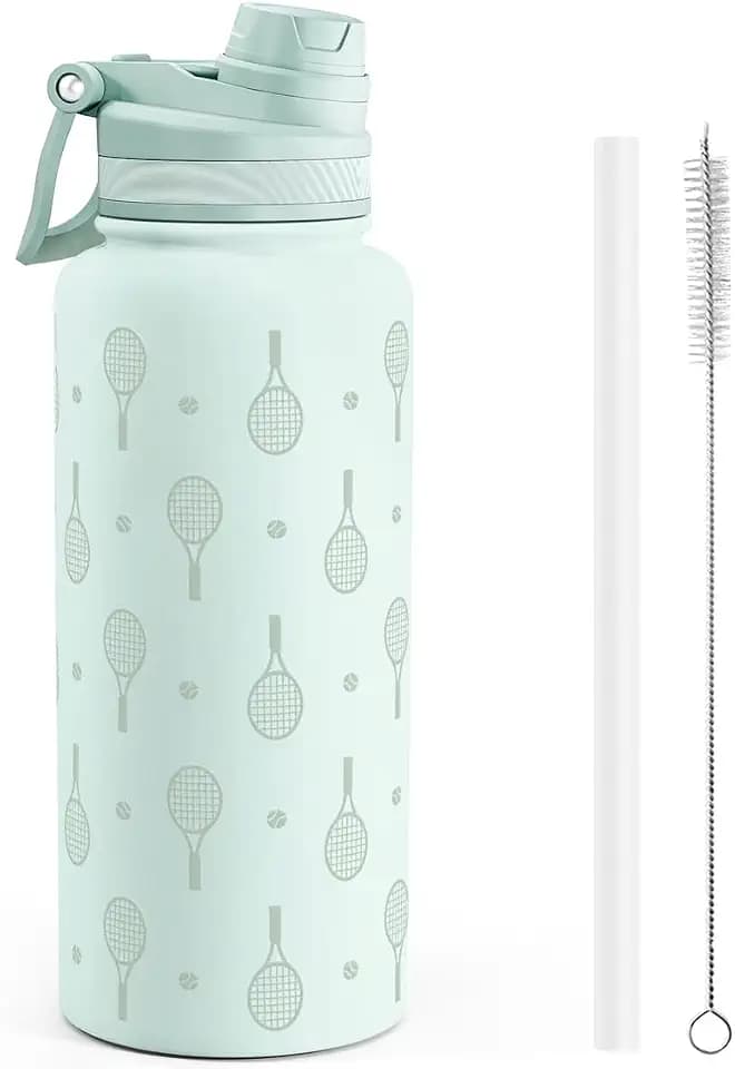 SANDJEST Tennis Stainless Steel Water Bottle with Strap 32oz, Insulated Bottles with Straw and Spout Lid for Gym Sports Travel Outdoor, Gifts for Women Girls Birthday Christmas