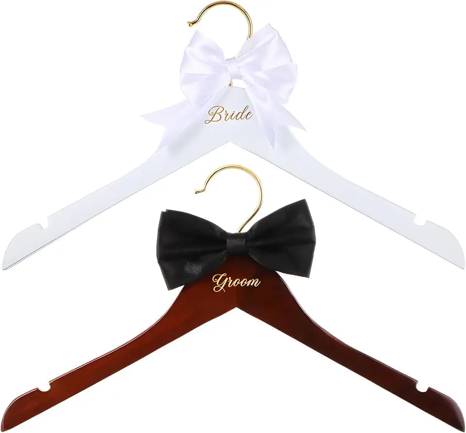 Beeveer 2 Pcs Bride Hanger for Wedding Dress Bride and Groom Wooden,Simple