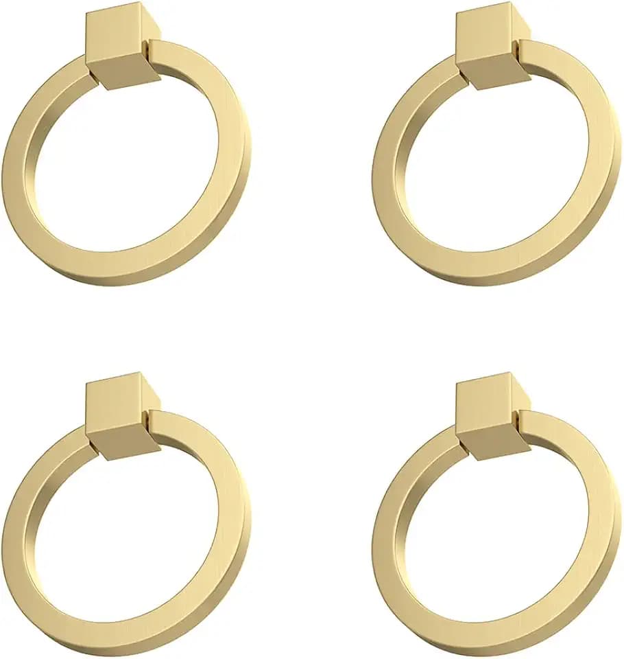 RZDEAL 4 Stück 5,1 x 4,8 cm massive Messinggriffe für Kommoden, Schubladen, Ringzüge, Möbelbeschläge, gebürstetes Gold, Kleiderschrank-Türgriffe