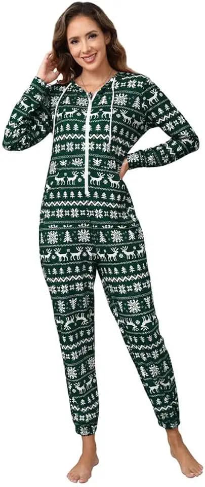 Clearlove Jumpsuit Damen Weihnachten Zipper Hoodie Overall Freizeitanzug One Piece Ganzkörperanzug Einteiler Trainingsanzug Pyjama Schlafanzug Hausanzug mit Kapuze und Taschen