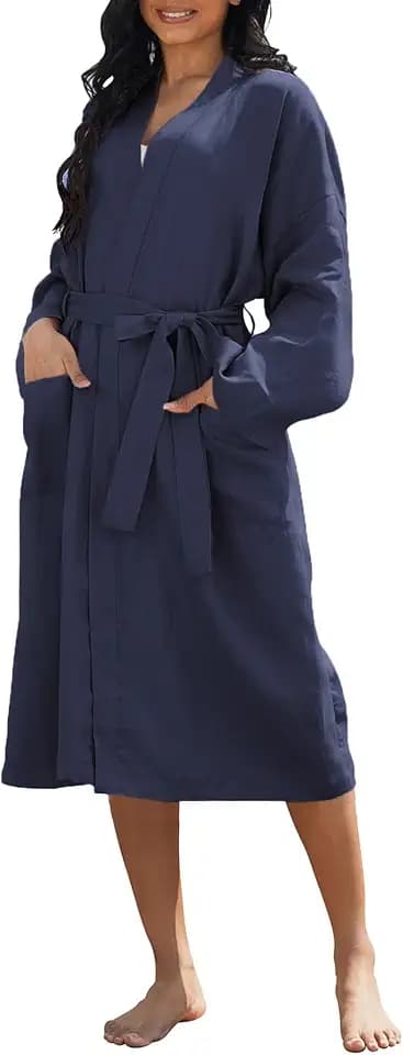 Amazhiyu Damen-Kimono-Bademantel aus reinem Leinen, mittellang, leicht, langärmelig, mit Taschen
