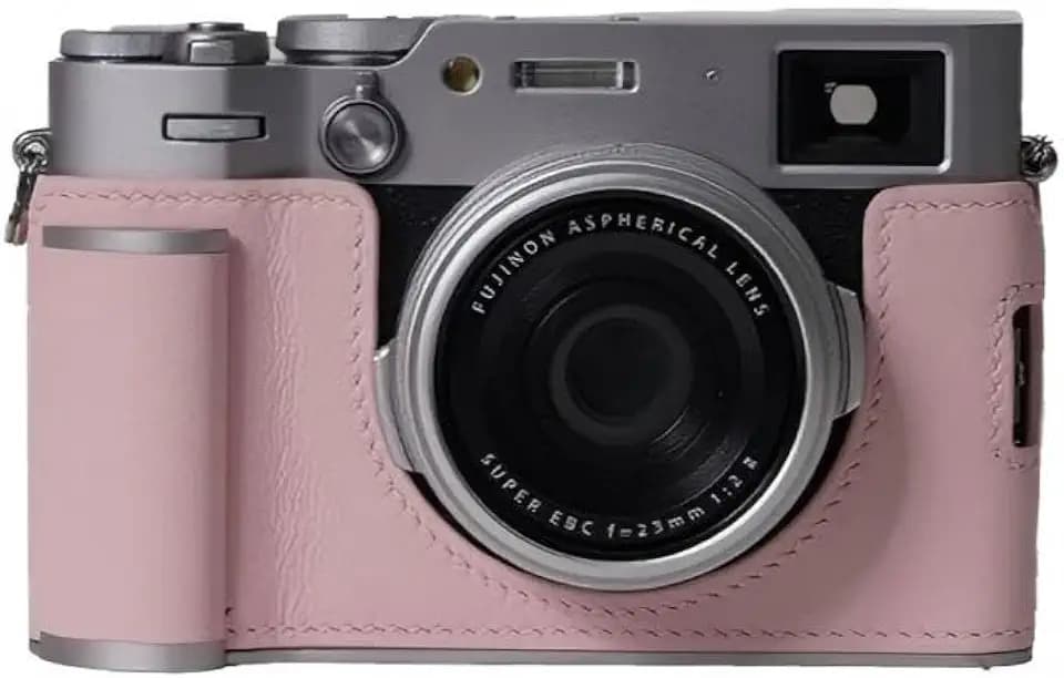 Genuine Leather Camera Half Case Bag With Handle For Fuji film X100VI Camera Protective Cover (Pink,With Handle,Sliver Base)