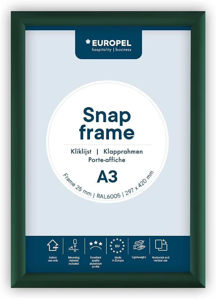 EUROPEL leichter Klapprahmen DIN A3, Farbe Grün, Easy-Click System, Profil 25x11 mm, eloxiertes Aluminium und blendfreie Schutzfolie, Außenmaß 328x451 mm, grau Polystyrol Rückseite
