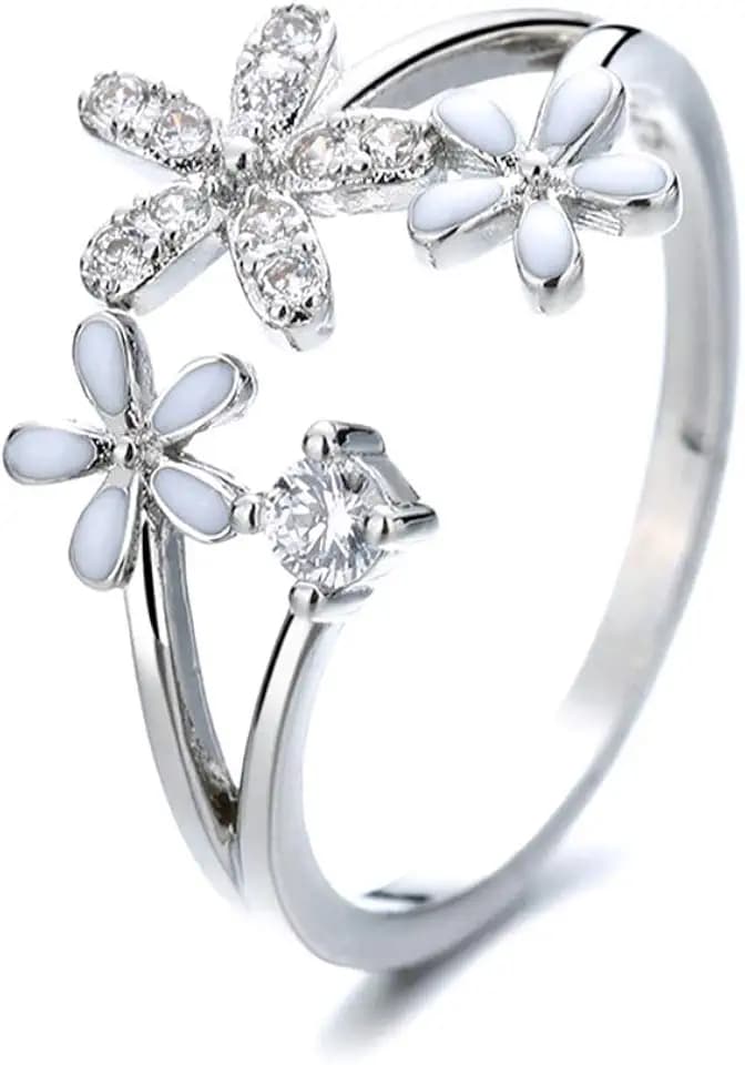 Daisy Flower Cluster Open Rings for Womens Teens Girls Cubic Zirconia Minimalist Thin Band Adjustable Finger Expandable Wrap Sparkly CZ Fashion Hypoallergenic Statement Wedding Blue Stacking Dainty