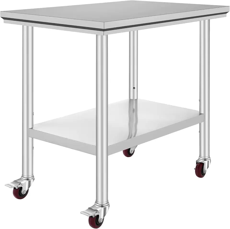 VEVOR Tisch für die Zubereitung von Lebensmitteln aus Edelstahl, 90 x 60 x 80 cm, professionelles Küchenbrett, Tragfähigkeit 300 kg, Arbeitsplatte für Catering, 4 Rollen für Restaurant, Schule