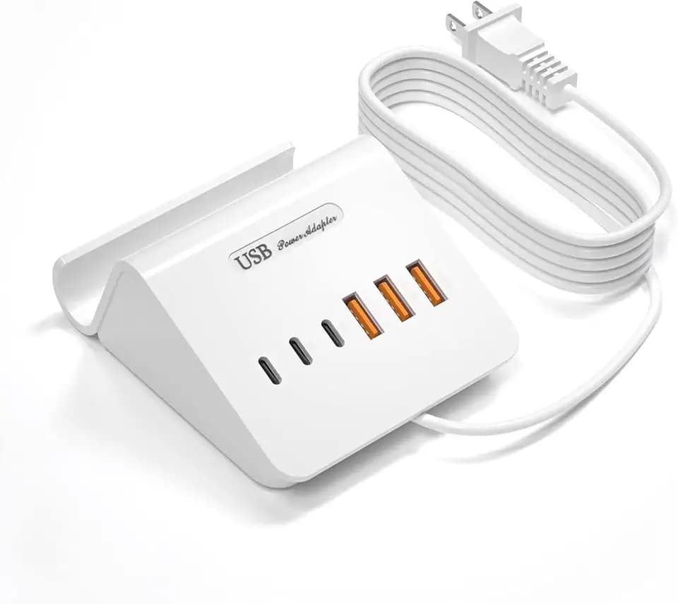 VHBW USB Charging Station, 6 Port 3USB-A and 3USB-C Charging Station for Multiple Devices, Multi USB Nightstand Charger Station with Phone Stand (ETL Listed, 6Ft Extension Cord, White)