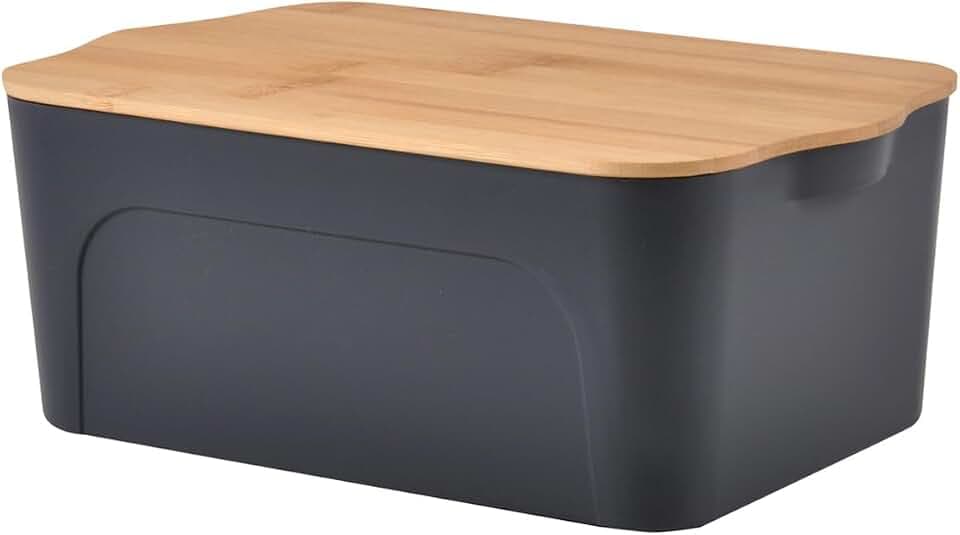 Homéa Essentiel Kunststoffdose mit Deckel aus Bambus – 5 l – Grau und Beige – L 28 x B 18 x H 10,5 cm