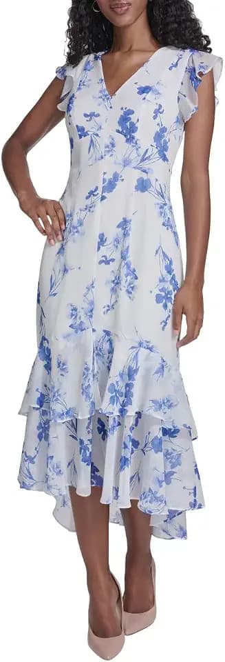 Tommy Hilfiger Women's Flutter Sleeve V-Neck Ruffle Trim Hi-Lo Midi Dress