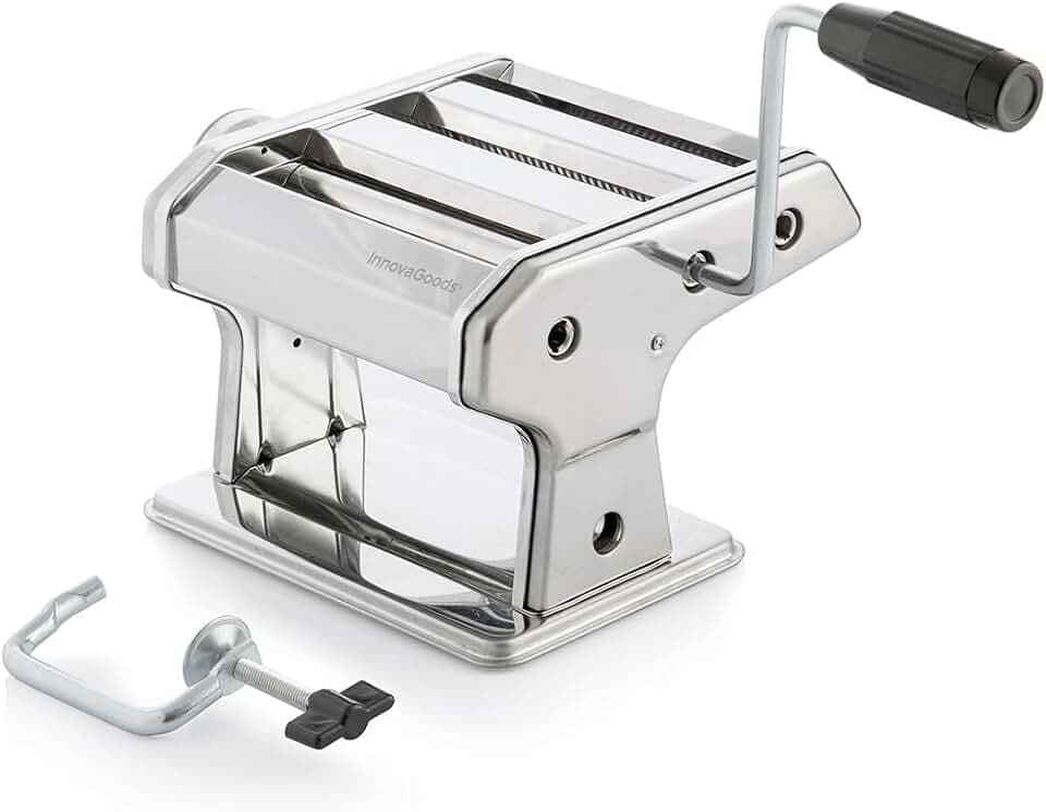 InnovaGoods - Frische Nudeln Maschine, Manuell mit 3 Walzen für Spaghetti, Tagliatelle, Lasagne, Einstellbare Nudeldicke, Inkl. Rezepte, Metall, Grau, Mittelgroß