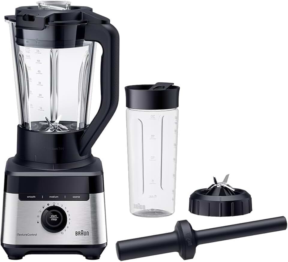 Braun PowerBlend 7 - Standmixer 1400W 10 Stufen + Pulse TriAction Schwarz | Elektrischer Standmixer, PrecisionCrush-Klinge, 1,7l Glaskrug, 9 Programme, Stopfer, 600ml Smoothie2Go-Flasche, JB7551BK