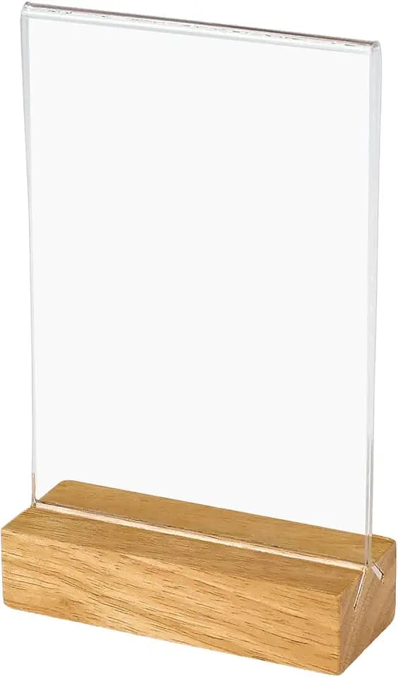 HMF Acryl Tischaufsteller im DIN A6 Hochformat, beidseitige Präsentation,Tischkartenhalter mit massivem Holzfuß aus Eiche, T-Aufsteller für Büro und Gastronomie, Glasklar