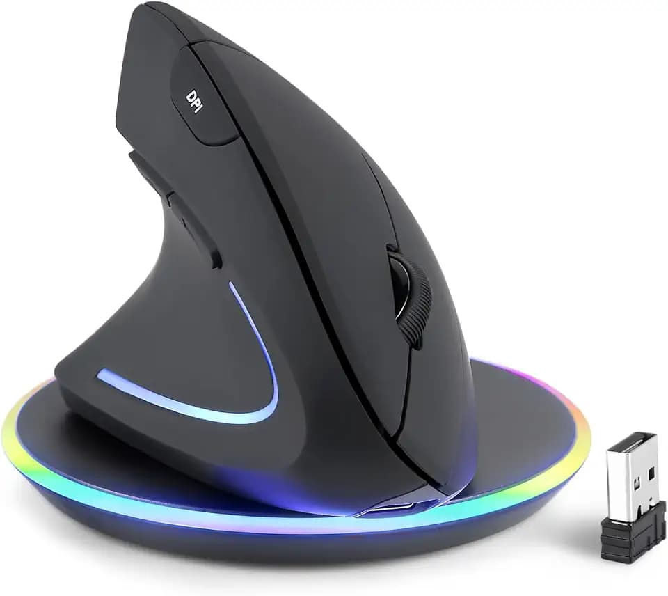 Perixx PERIMICE-713LRX - Left Handed Cordless Rechargeable Vertical Mouse - Duo Wired and Wireless Charging Feature - Charger Included - Black