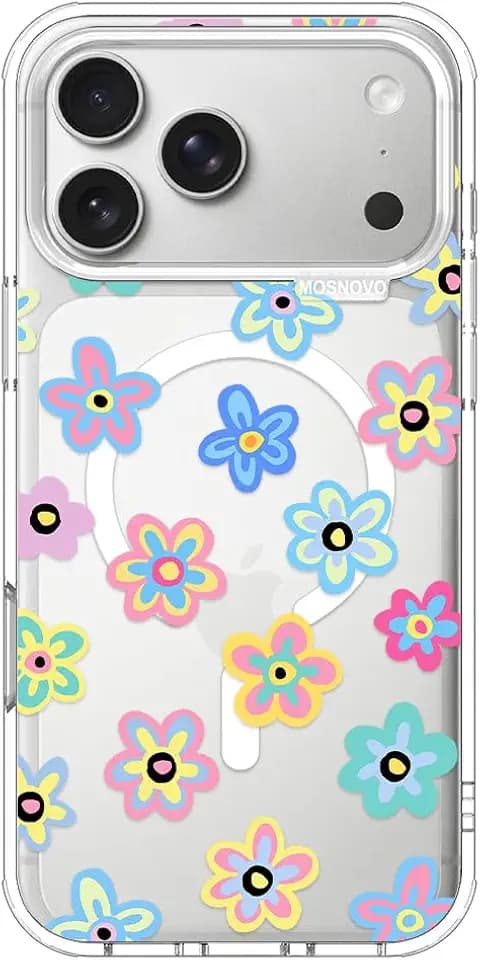 MOSNOVO for iPhone 17 Pro Max Case | Compatible with Magsafe | Military Grade 6.6ft Drop Tested | Camera Control | Clear with Groovy Flower Design