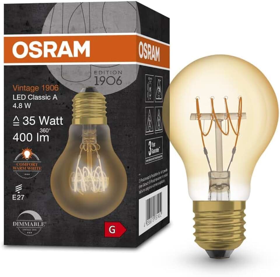 Osram s Vintage 1906 - Gold-Tönung,4,8W,400lm,Glühnform(Classic A) E27-Sockel,warmweiße Lichtfarbe,spiralförmiges Filament,dimmbar,bis zu 15.000 Stunden Lebensdauer,4058075761452,35W-Ersatz