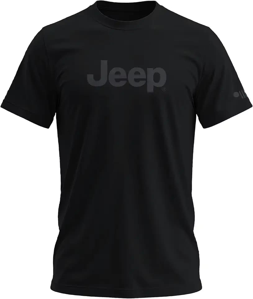 Jeep Text Logo Blackout T-Shirt – Super Soft Cotton Tee with Charcoal Print and Sleeve Grille Graphic – Officially Licensed