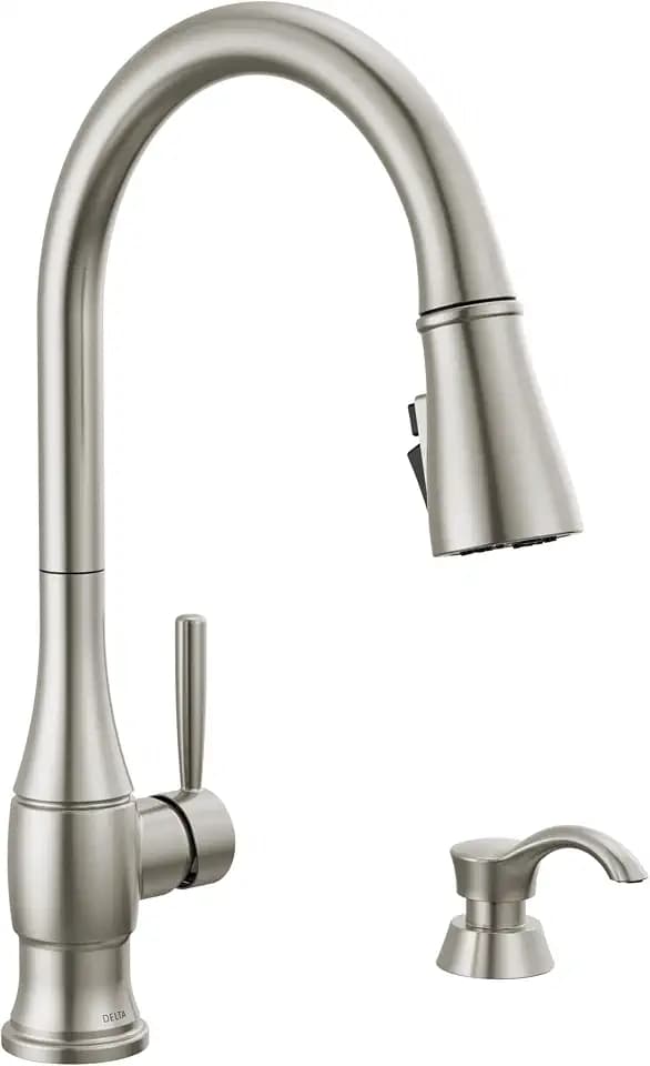 Delta Hazelwood Brushed Nickel Kitchen Faucet with Pull Down Sprayer and Soap Dispenser, Modern Single Hole Kitchen Sink Faucet, Single Handle, Spotshield Stainless 19831Z-SPSD-DST