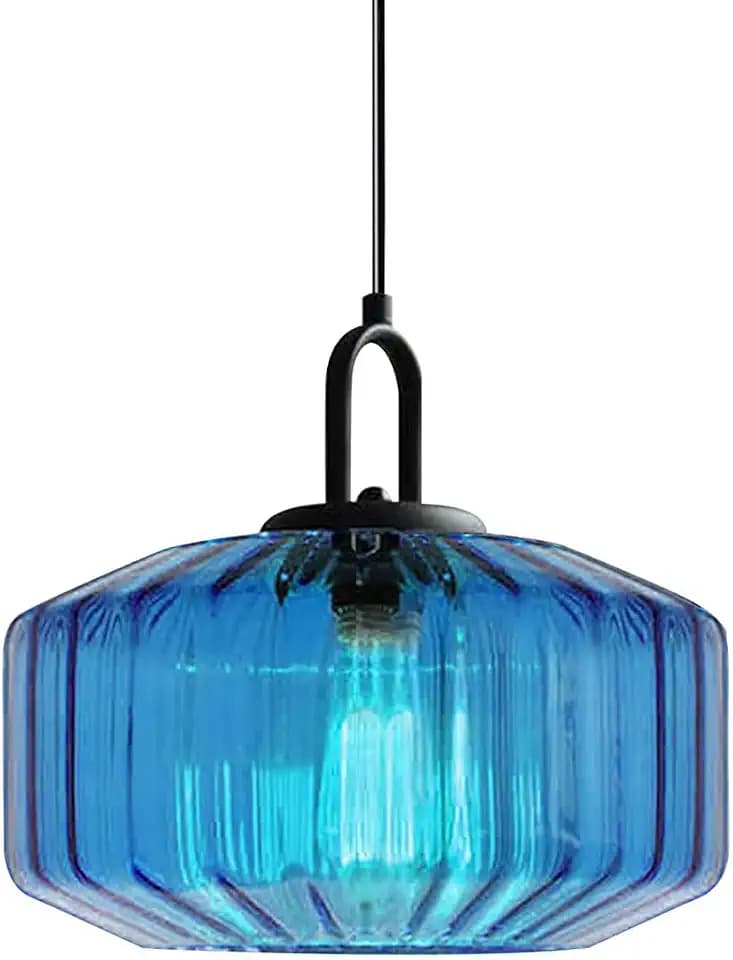 Glass Pendant Light Fixture Vintage Modern Pendant Lights with Blue Hand Blown Glass Shade Mid Century Black Adjustable Cord Ceiling Hanging Lighting for Dining Room Kitchen Island