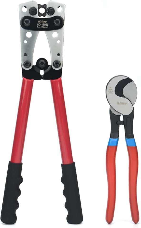 iCrimp Batteriekabelschuh Crimpzange, Kabelschuhzange für Robuste Kupferschuhe und Flachstecker, Erdungslug Krimpzange von 6-50 mm² mit Drahtschneider