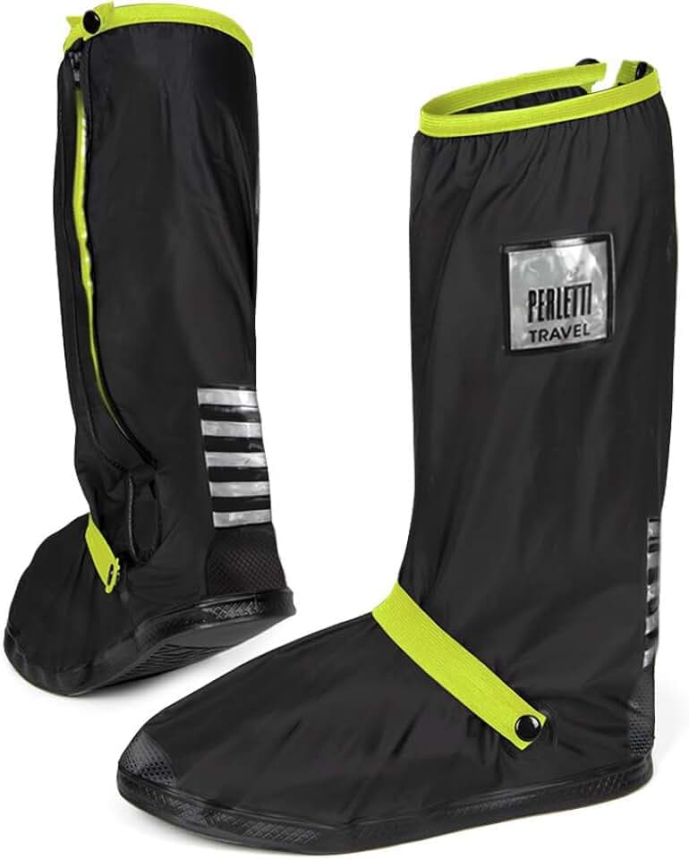 PERLETTI Überschuhe Schwarz Wasserdicht Beständig Rutschfest - Schuhüberzieher Wiederverwendbar Verstärkt mit Reflektorstreifen - Hohe Regenschutz Galoschen für Regen Schnee