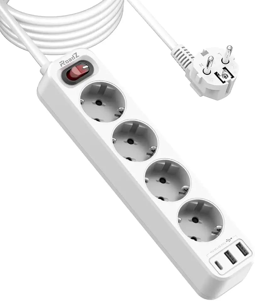 RoadZ Steckdosenleiste mit USB-Steckplatz, 6-Fach Steckdose mit 2 USB-A und 1 USB-C-Anschluss, 1,8 Kabel langes Verlängerungskabel mit Schalter, Überspannungsschutz-Steckdosenleiste, DE-Mehrfachstecke